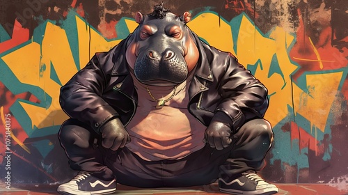 A Tough-Looking Hip Hop Hippopotamus in a Leather Jacket