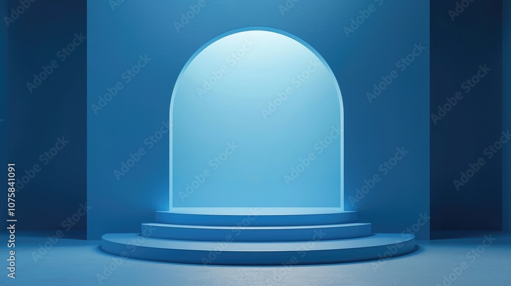 Fototapeta premium Abstract Minimalist Blue Room with Arched Window and Steps