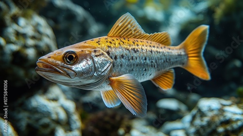 A vibrant underwater scene featuring a fish swimming gracefully.