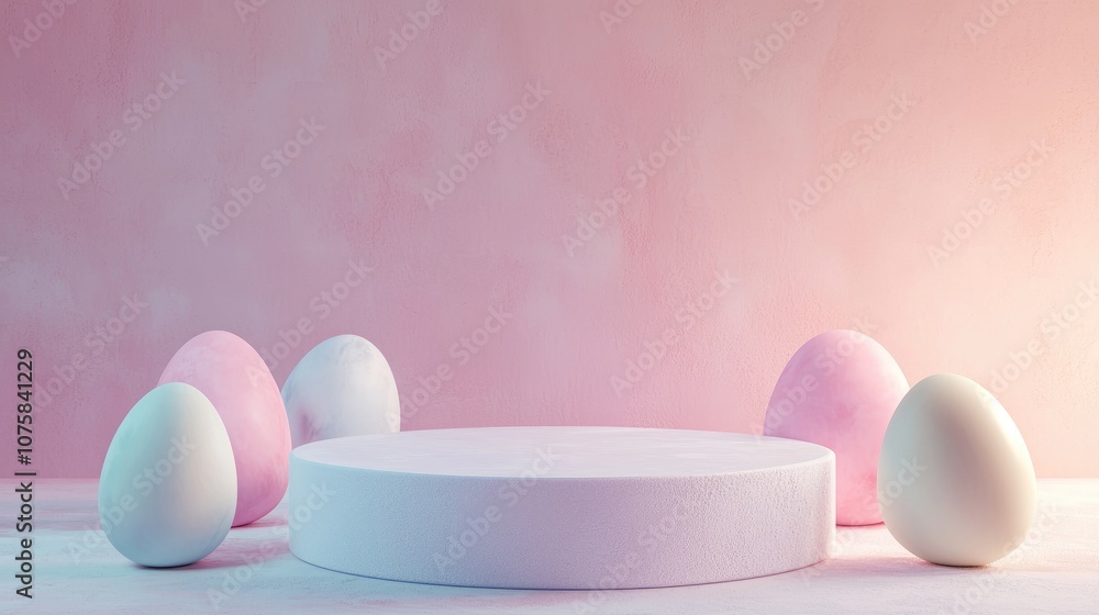 White Round Pedestal with Pastel Easter Eggs on a Pink Background White Round Pedestal with Pastel Easter Eggs on a Pink Background