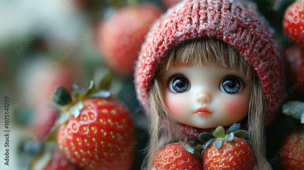 Fototapeta premium A cute doll with big blue eyes wearing a red hat surrounded by fresh strawberries.