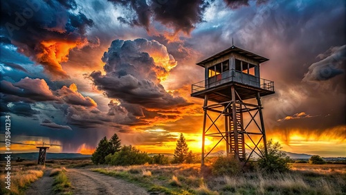 At sunset, a desolate Soviet border guard tower casts shadows, framed by ominous thunderclouds, creating a hauntingly beautiful scene filled with dramatic energy. photo