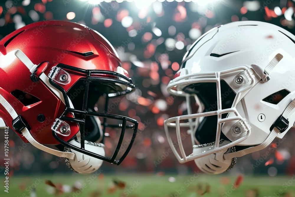 Two football helmets are shown in the air, one red and one white Two football helmets are shown in the air, one red and one white