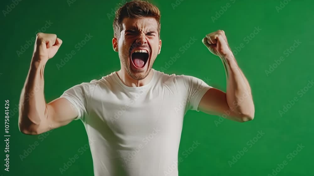 Young man is ecstatic and cheering with his fists raised in the air, expressing pure joy and triumph against a solid green screen Young man is ecstatic and cheering with his fists raised in the air, expressing pure joy and triumph against a solid green screen