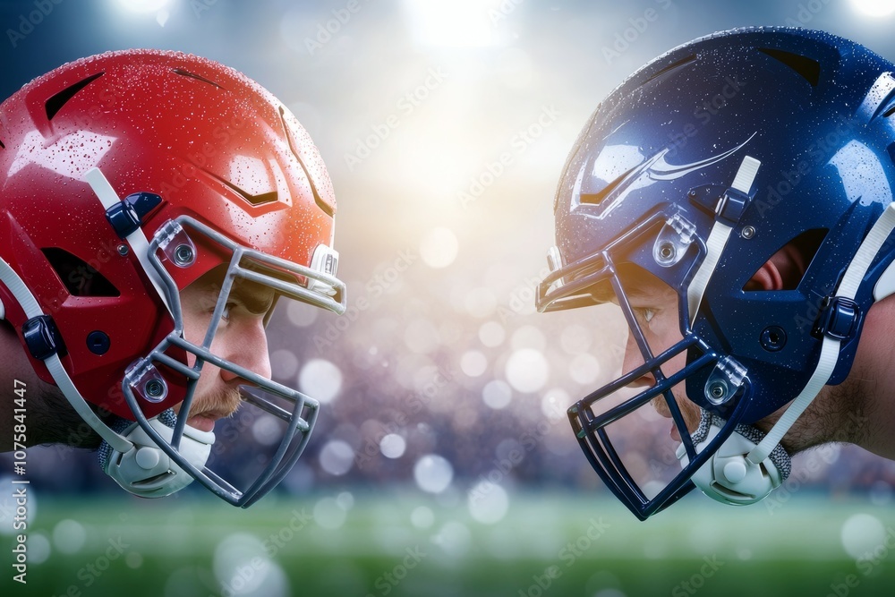Two football players wearing helmets facing each other on a field Two football players wearing helmets facing each other on a field