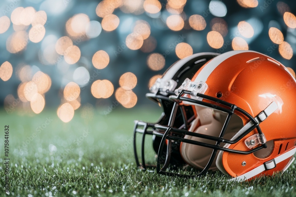 Two football helmets are on a field Two football helmets are on a field