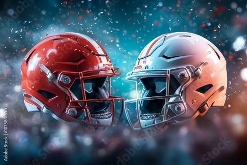 Two football helmets are shown side by side, one red and one white