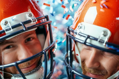 Two men wearing orange helmets are smiling at the camera