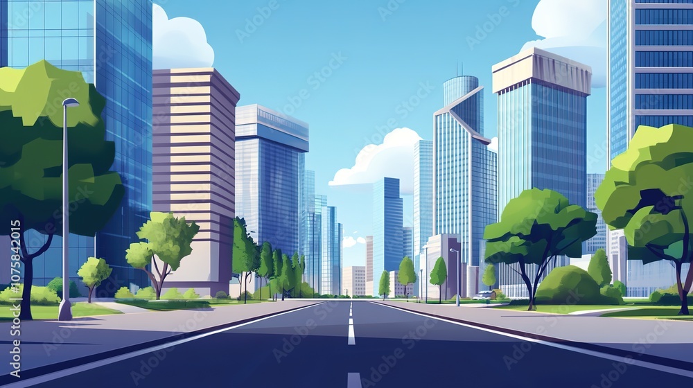 Fototapeta premium A vibrant cityscape showcasing a bustling business district street from a side view, with sleek modern skyscrapers towering overhead and busy pedestrians walking along the sidewalk. 