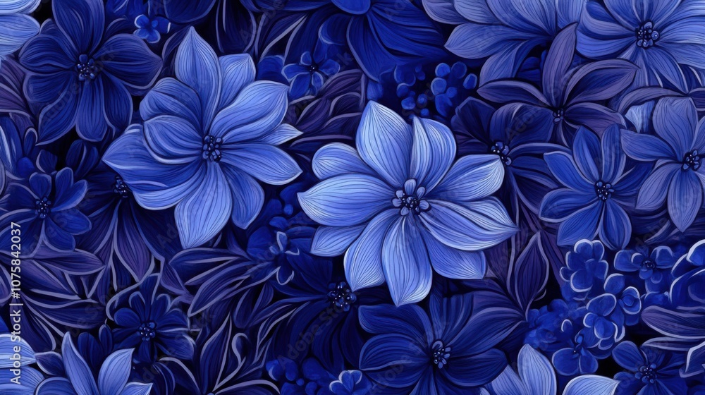 A seamless floral pattern featuring a blend of blue flowers A seamless floral pattern featuring a blend of blue flowers