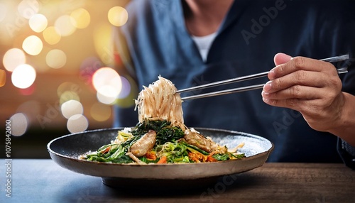 Faceless man eat Jeyuk Bokkeum in restaurant with bokeh background. Korean Food. photo