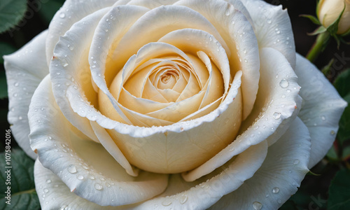 A close-up of a cream-colored rose with water droplets on the petals