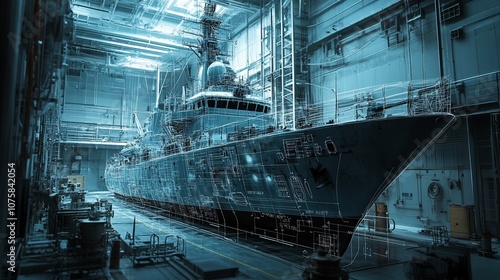 A blue blueprint of a ship inside a large warehouse.
