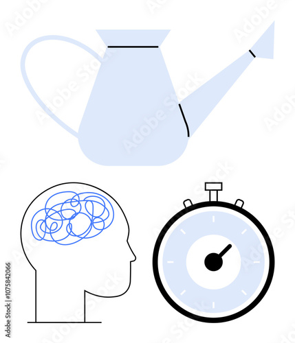 Watering can human brain with tangled lines stopwatch. Ideal for mental health, mindfulness, productivity, cognitive development, time management, stress relief, self-care. Line metaphor