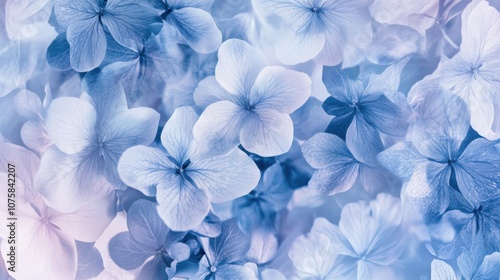 A seamless floral pattern in a gradient of blue hues, featuring