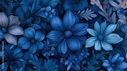 A seamless floral pattern with a range of blue flowers,