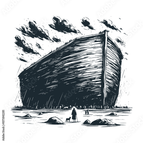 The Noah Ark. Black white vector illustration.
