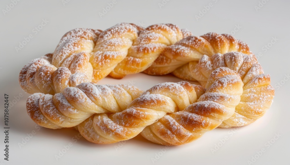 A braided pastry dusted with powdered sugar, shaped like a ring. A braided pastry dusted with powdered sugar, shaped like a ring.