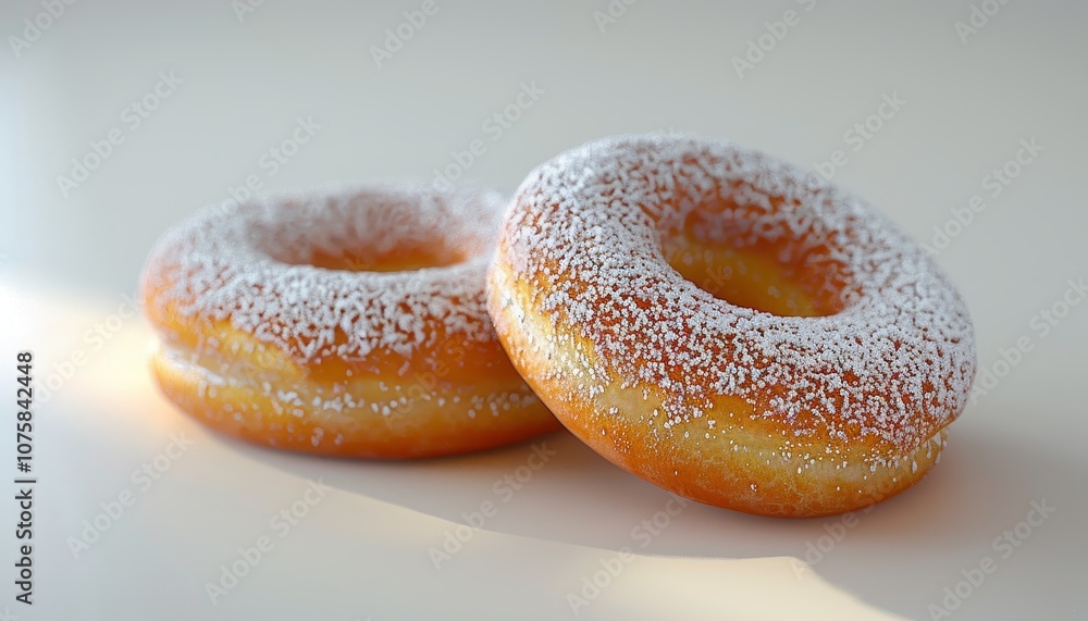 Two glazed donuts with powdered sugar on a white surface. Two glazed donuts with powdered sugar on a white surface.