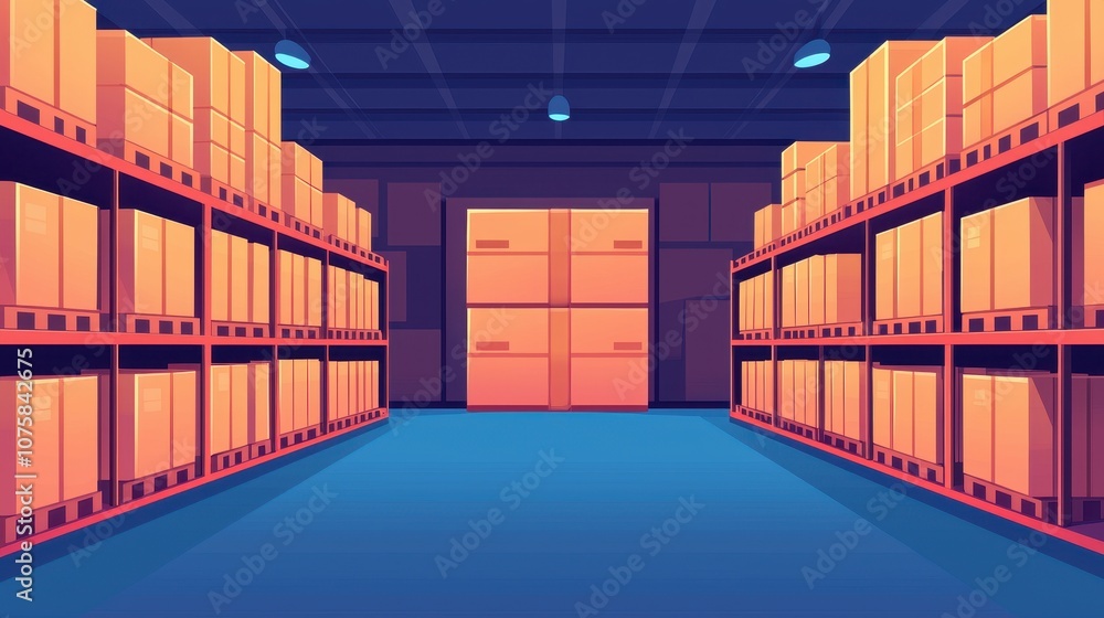 A vibrant illustration of a warehouse interior with stacked boxes and shelves, highlighting a spacious, organized storage area. A vibrant illustration of a warehouse interior with stacked boxes and shelves, highlighting a spacious, organized storage area.