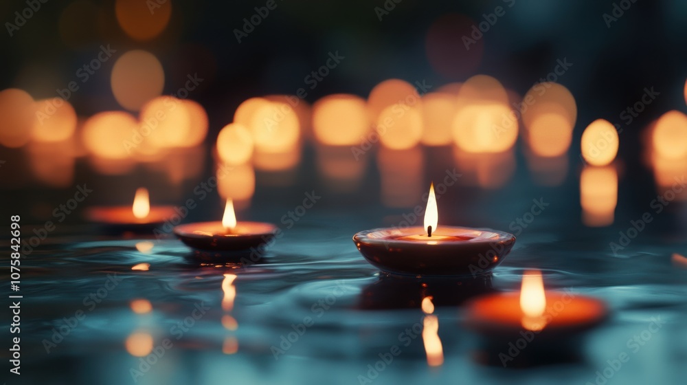 A serene scene of burning candles floating on water, their A serene scene of burning candles floating on water, their