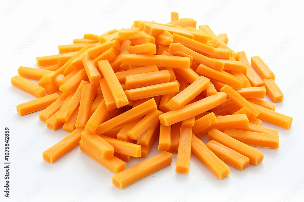 Colorful sticks of cheddar cheese laid out artistically on a white surface. Generative AI