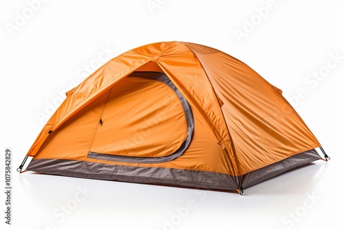 Bright orange tent set up for camping adventure in the wilderness during twilight. Generative AI