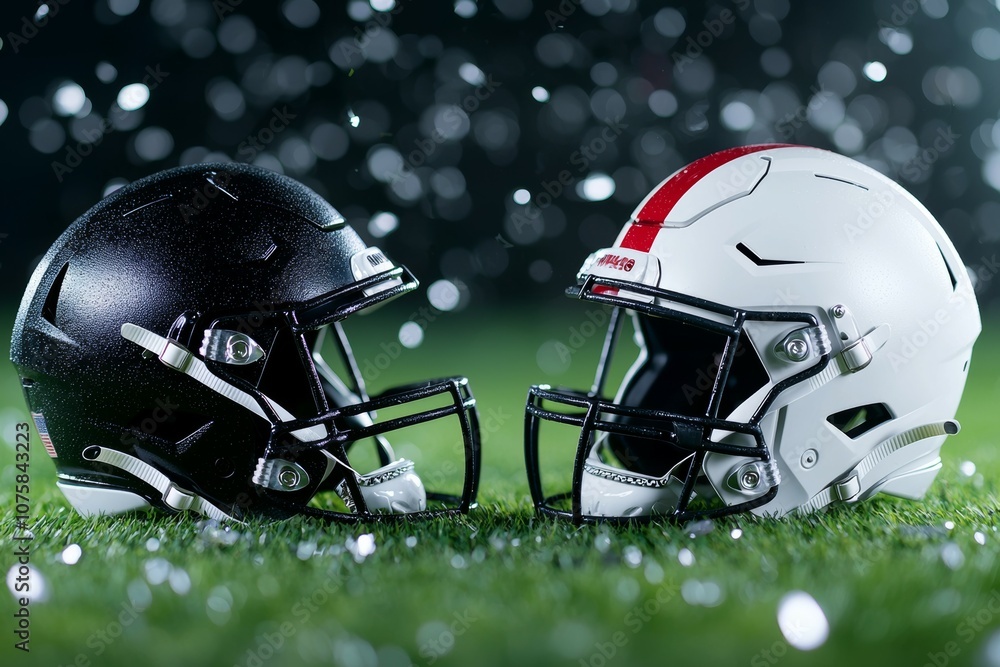 Two football helmets are on the grass, one black and one white Two football helmets are on the grass, one black and one white