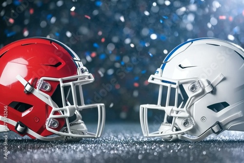 Two football helmets are on the ground, one red and one white photo