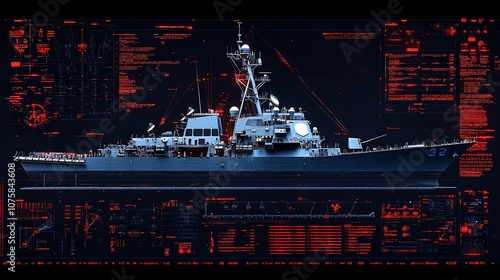 A modern warship with futuristic digital overlays on a black background.