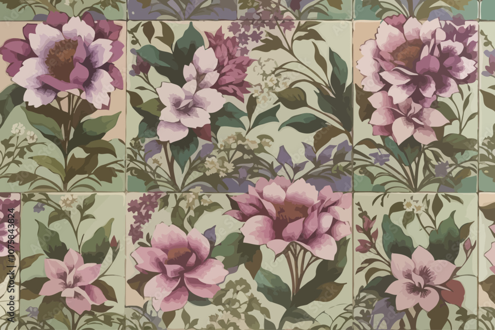 Floral pattern country mauve and greens tile AI generated image Floral pattern country mauve and greens tile AI generated image