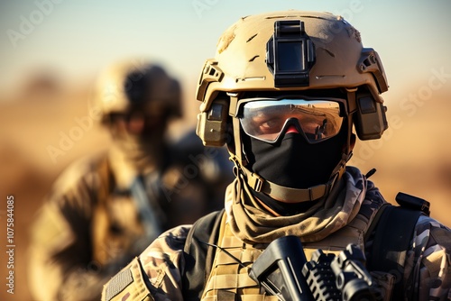 Soldiers equipped for a mission in the desert during golden hour light. Generative AI