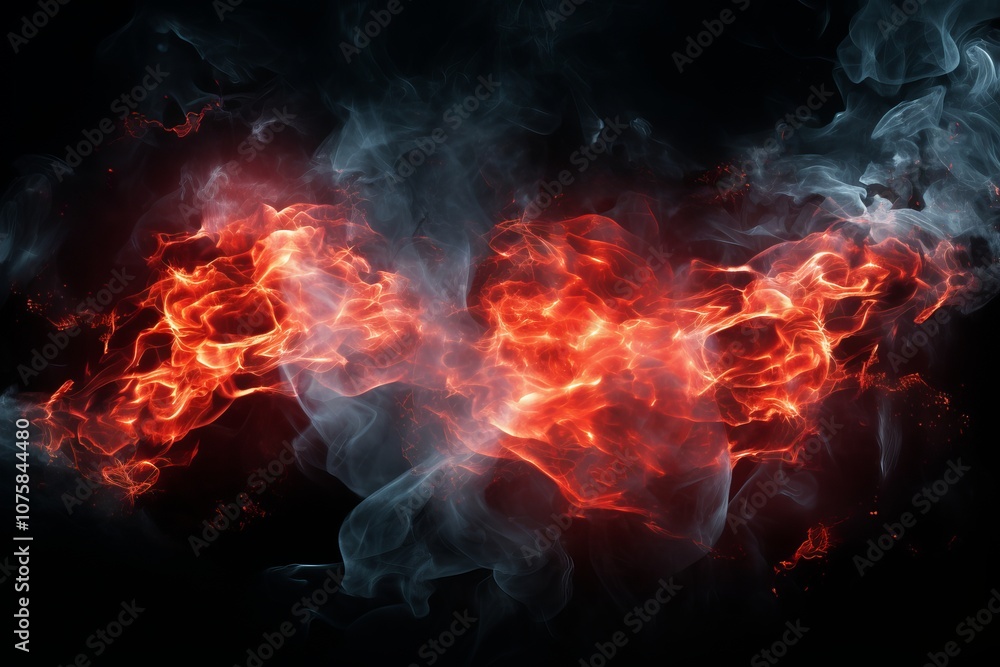 Dynamic swirling flames and smoke dance in a dark backdrop at night. Generative AI Dynamic swirling flames and smoke dance in a dark backdrop at night. Generative AI