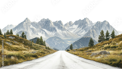 scenic mountain landscape featuring wide, empty road leading towards majestic snow capped peaks. lush greenery and rocky terrain create serene and inviting atmosphere