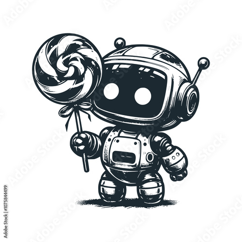 Cute robot holding a lollipop. Black white vector illustration.