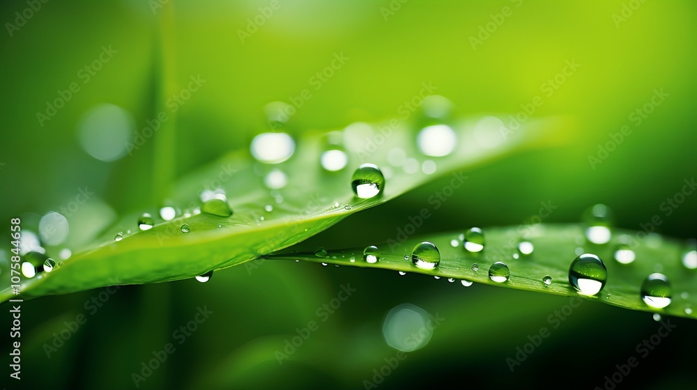 Raindrops glimmering on fresh green leaves in a serene natural setting. Generative AI