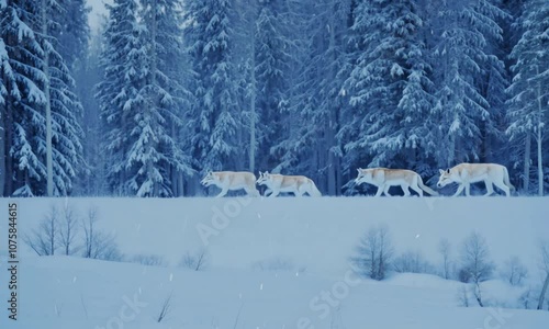 Wallpaper Mural A pack of wolves runs through a snowy forest. Torontodigital.ca