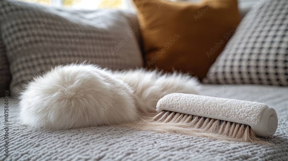 A cozy scene with a fluffy accessory and a lint roller. A cozy scene with a fluffy accessory and a lint roller.