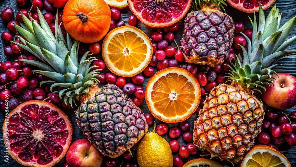 Fototapeta premium Abstract Fruit Poster Series Featuring Pineapple, Pomegranate, Orange, and Grape in Flat Design for Promotional Use and Modern Decor