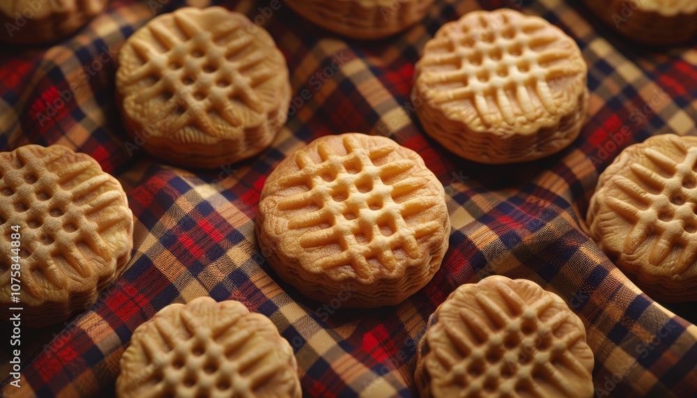Close-up shot of golden, freshly baked, round cookies with a lattice design on a checkered tablecloth. Close-up shot of golden, freshly baked, round cookies with a lattice design on a checkered tablecloth.
