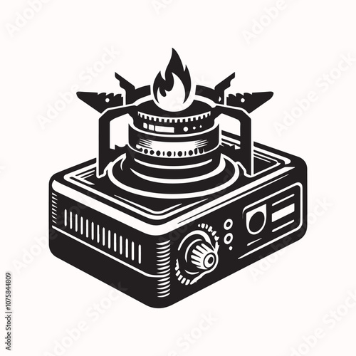 Portable gas stove with one burner for camping vector, Portable gas stove with one burner for camping silhouette vector icon black and white