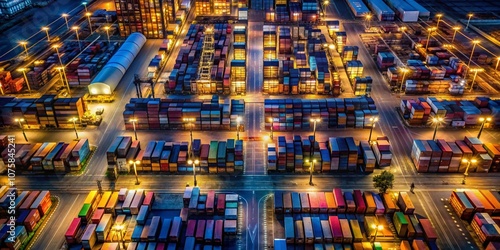 Abstract Patterns of Cargo Containers Under Sodium Lights in an Airfreight Hub Captured by Drone Photography, Showcasing Industrial Aesthetics and Geometric Designs photo