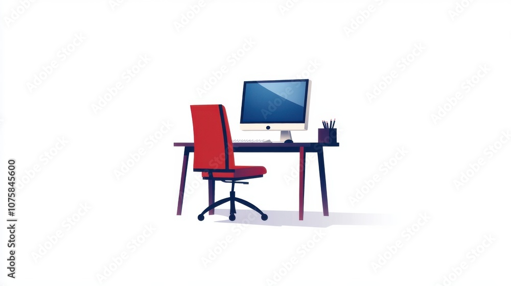 Clean and modern flat vector illustration of a desk and chair setup with Clean and modern flat vector illustration of a desk and chair setup with