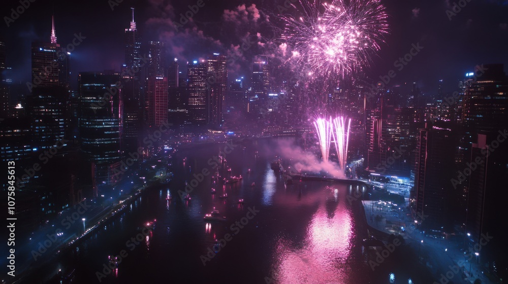Fototapeta premium Cityscape at night with dazzling New Year's fireworks, the skyline reflecting