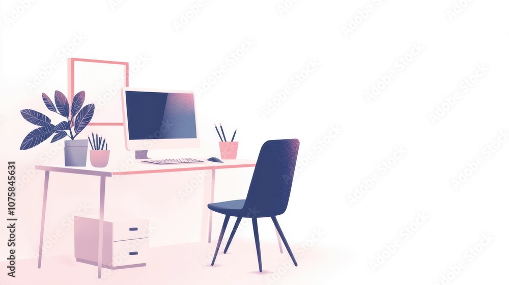 Clean and modern flat vector illustration of a desk and chair setup with Clean and modern flat vector illustration of a desk and chair setup with