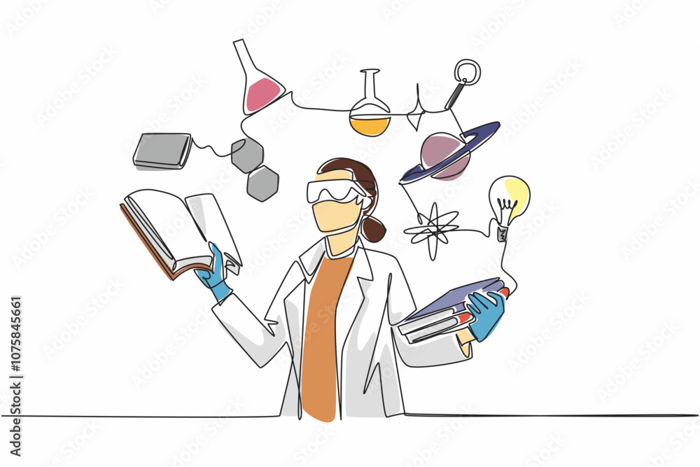 Single one line drawing female scientist surrounded by scientific ...