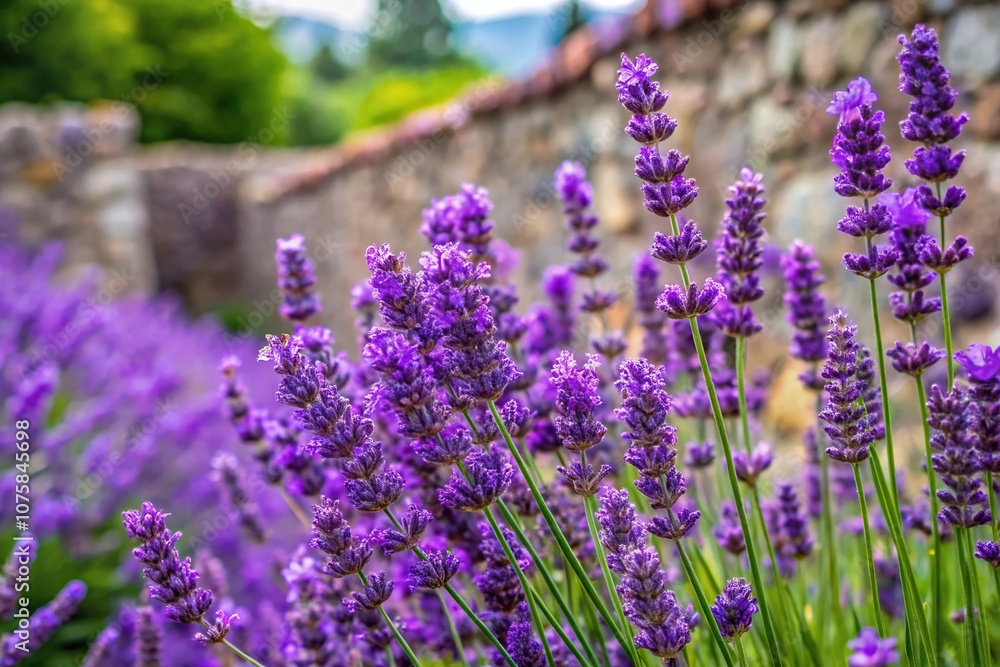 Obraz premium Close-up of purple lavender flowers blooming in a garden surrounded by greenery and stone walls, wildflowers, lavender fields, purple plants