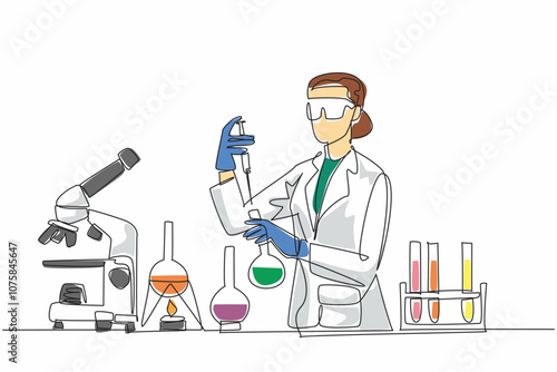 Single continuous line drawing a female scientist is conducting experiments in a laboratory. Holds a test tube and flask. Passion for science. Scientific discovery. One line design vector illustration