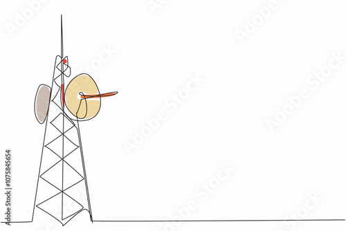 Single continuous line drawing a radio tower stands tall against the sky. The infrastructure and technology behind radio broadcasting. Connecting. World Radio Day. One line design vector illustration