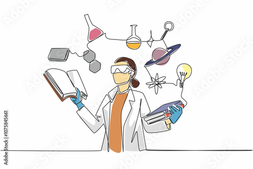 Single one line drawing female scientist surrounded by scientific symbols. Symbolizing knowledge. Research. The contributions of women in STEM fields. Continuous line design graphic illustration